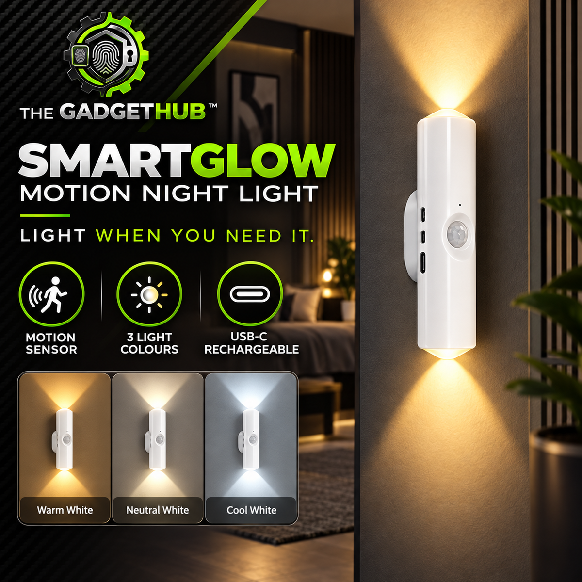 SmartGlow Motion Night Light showing warm, neutral and cool white modes mounted on wall