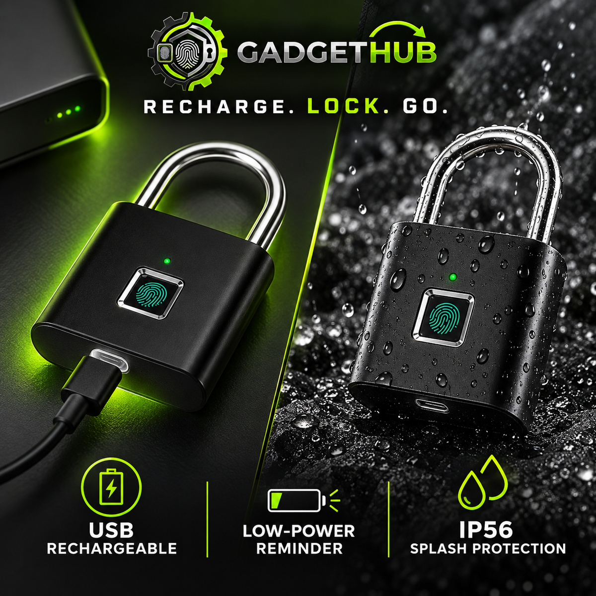 SecureTouch Padlock - Recharge Lock Go: USB Rechargeable, Low-Power Reminder, IP56 Splash Protection