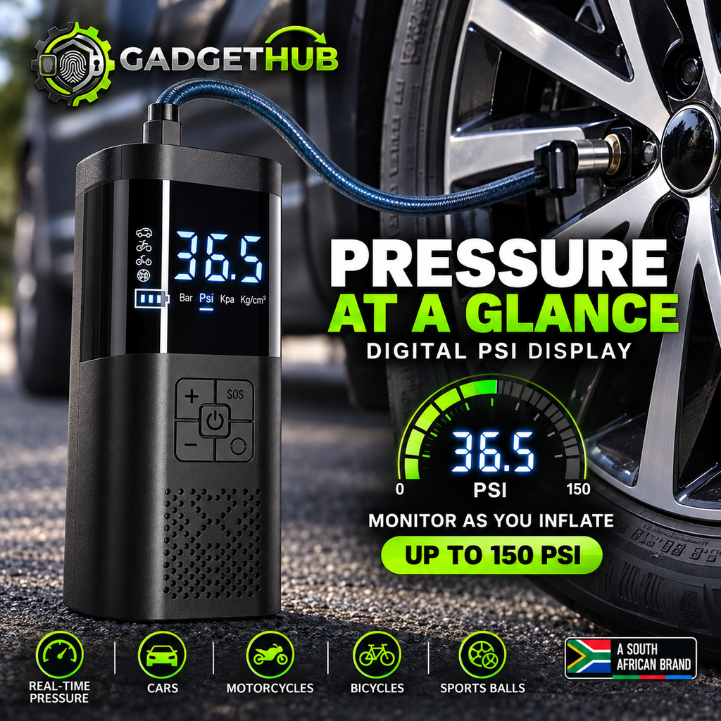 AirDrive 150 - Digital PSI Display showing 36.5 PSI while inflating car tyre