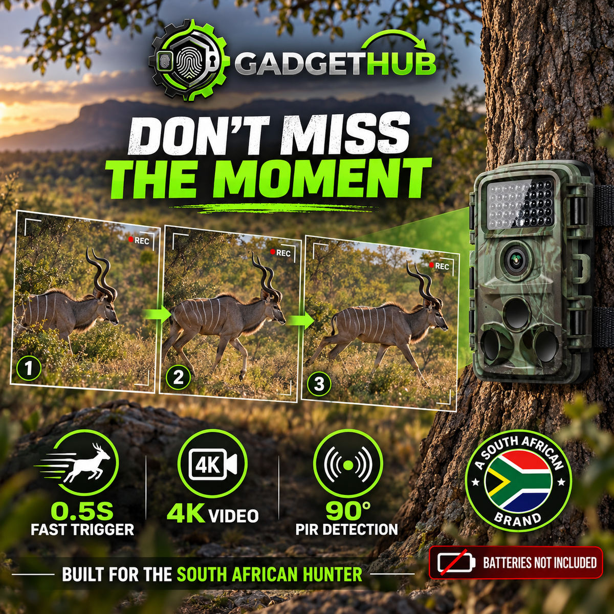 WildWatch 4K Trail Camera - Don't Miss the Moment: 0.5s trigger, 4K video, 90° PIR detection