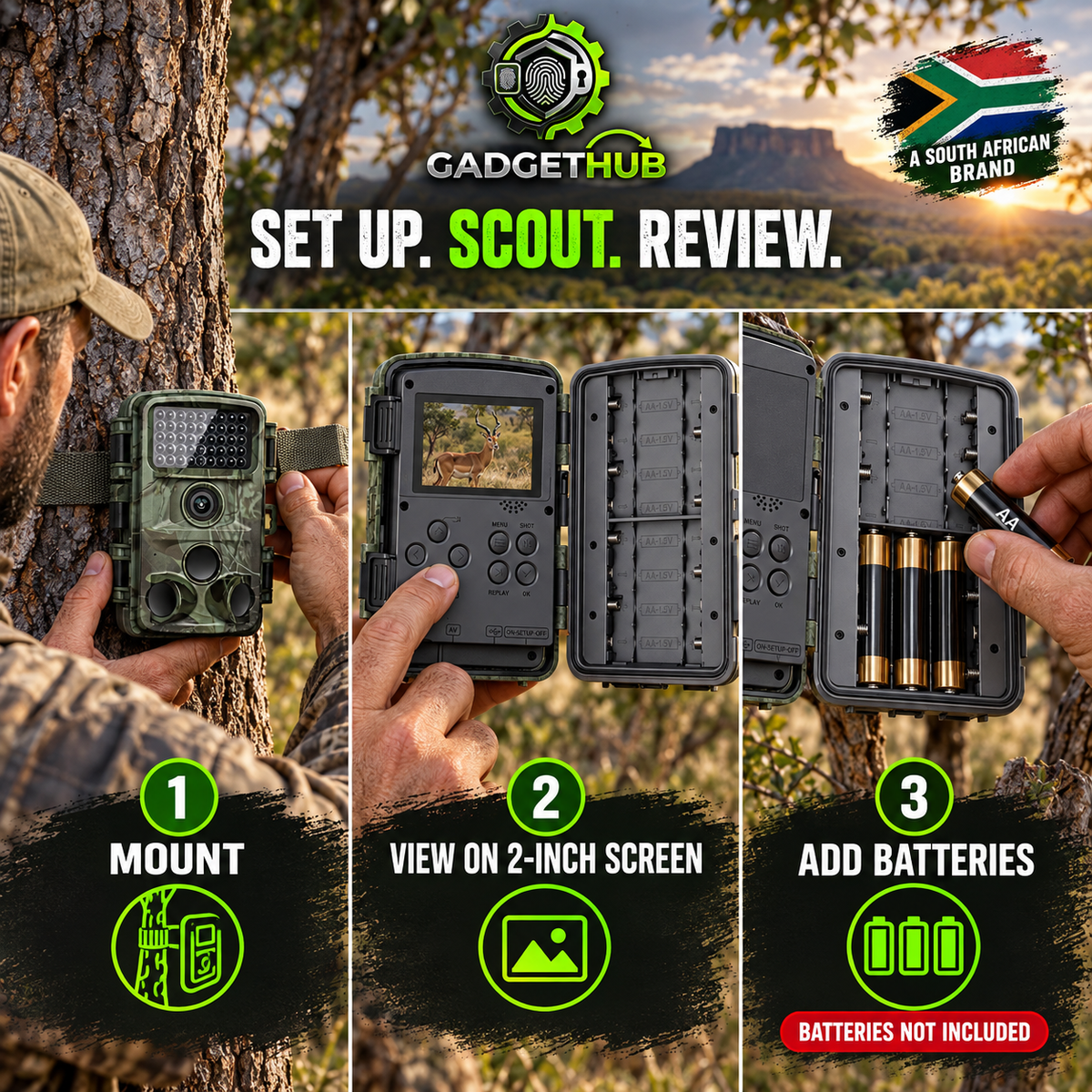 WildWatch 4K Trail Camera - Set Up, Scout, Review: Mount, View on 2-inch screen, Add batteries